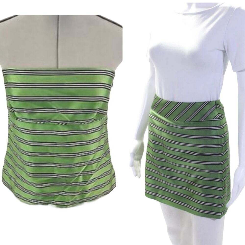 J. Crew 2 piece Green and Black Striped Silk sleeveless tube Top and mini skirt